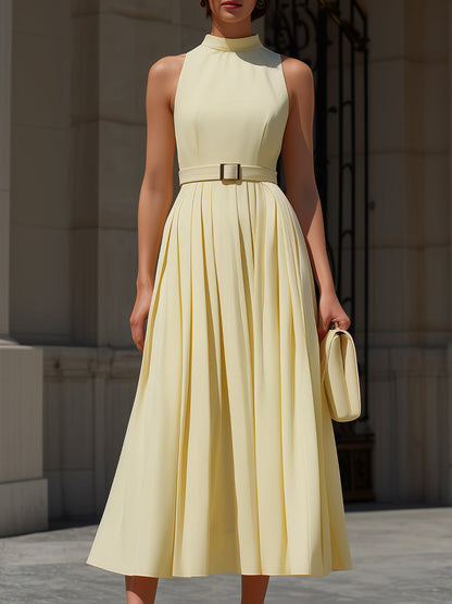 Pale Yellow Halter Neck Sleeveless Belted Pleated A-Line Midi Dress