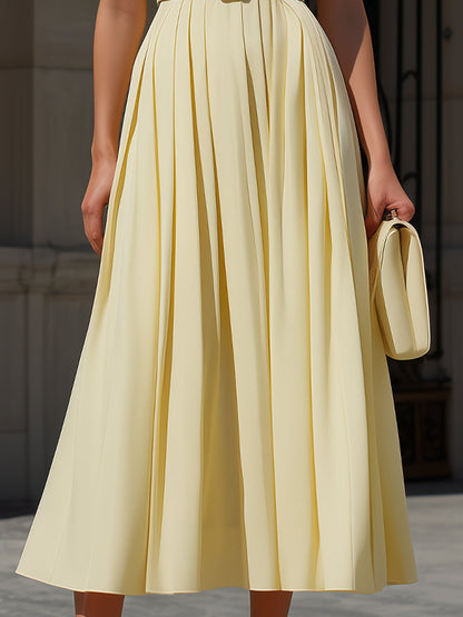 Pale Yellow Halter Neck Sleeveless Belted Pleated A-Line Midi Dress