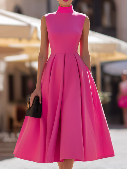 Hot Pink High Neck Sleeveless Pleated Flared A-Line Midi Dress