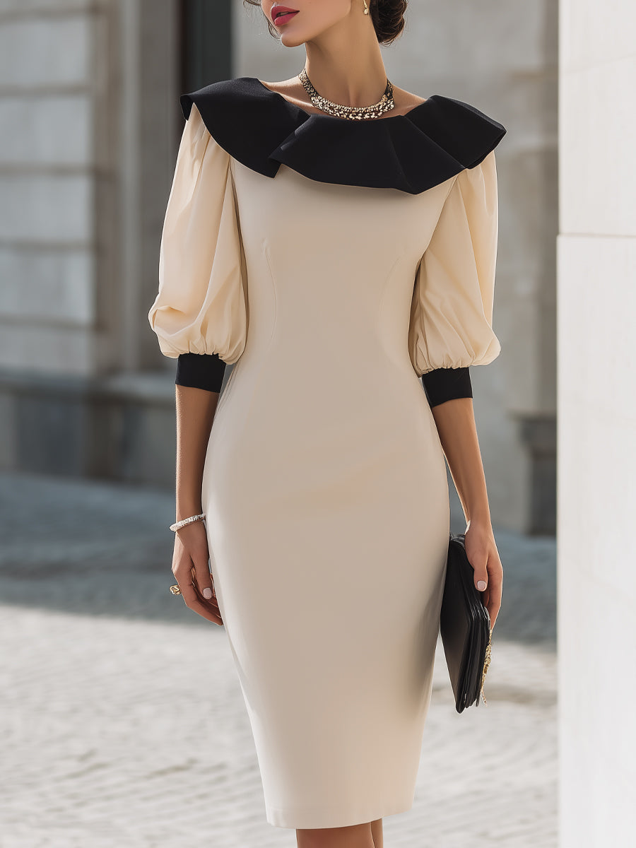 Contrast Ruffle Collar Puff Sleeve Midi Dress
