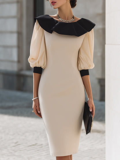 Contrast Ruffle Collar Puff Sleeve Midi Dress