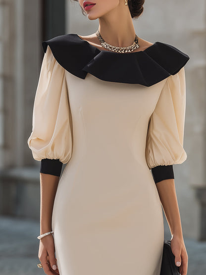 Contrast Ruffle Collar Puff Sleeve Midi Dress