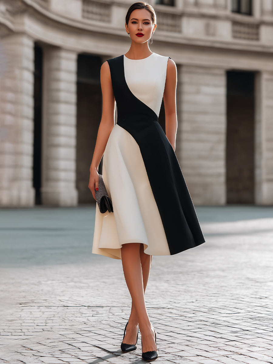 Sleeveless Asymmetric Contrast Panel A-Line Midi Dress