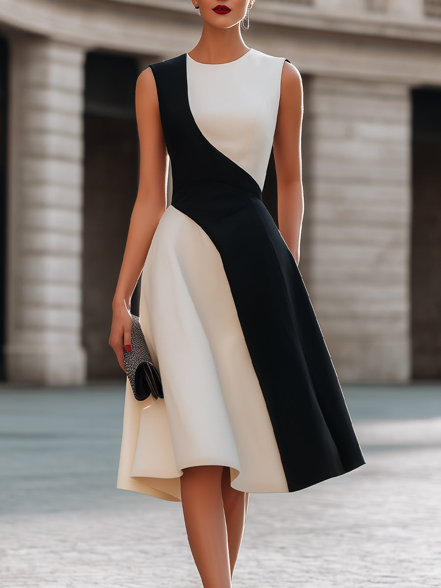 Sleeveless Asymmetric Contrast Panel A-Line Midi Dress