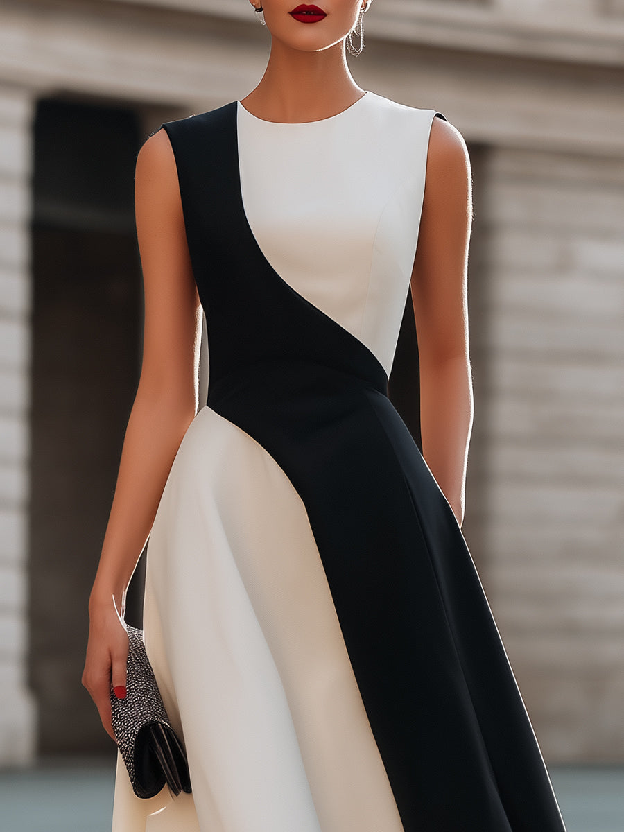 Sleeveless Asymmetric Contrast Panel A-Line Midi Dress