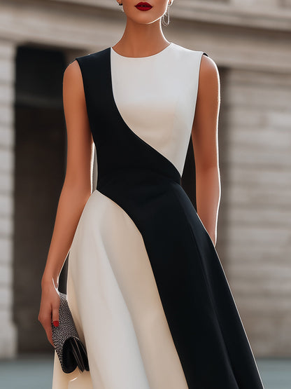 Sleeveless Asymmetric Contrast Panel A-Line Midi Dress