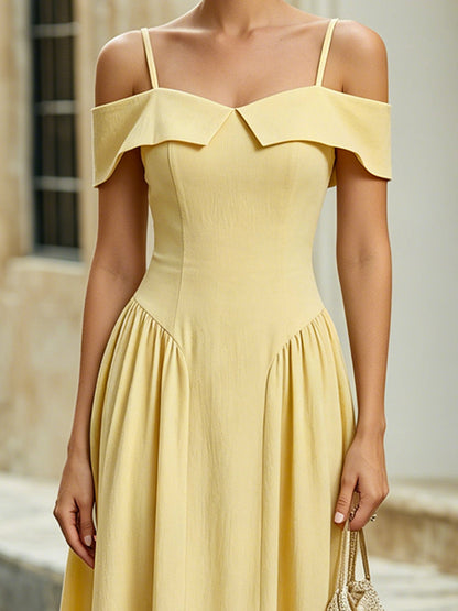 Elegant Off-the-Shoulder Midi Dress Flared A-Line Sundress