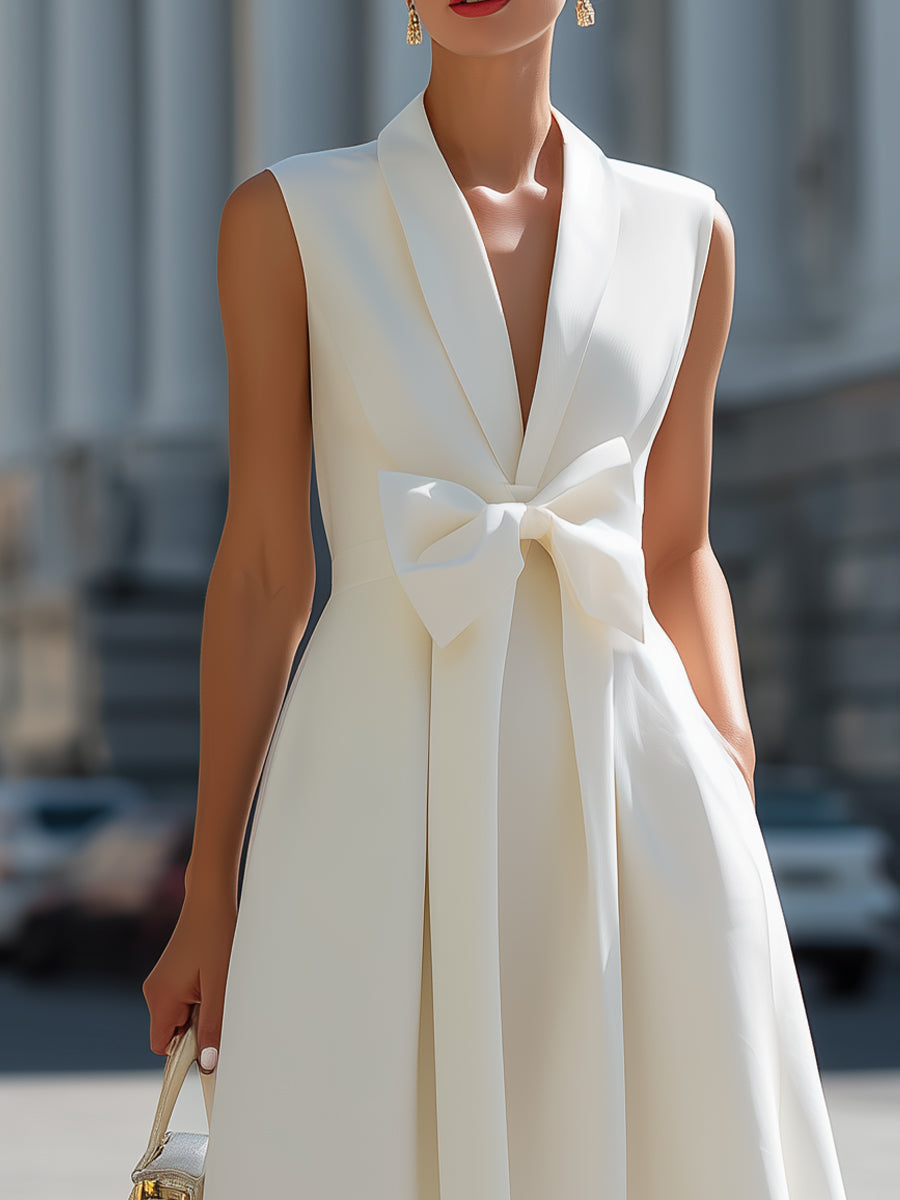 Sleeveless Shawl Lapel Bow Tie Waist Flared A-Line Midi Dress