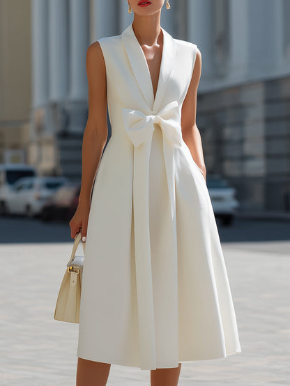 Sleeveless Shawl Lapel Bow Tie Waist Flared A-Line Midi Dress