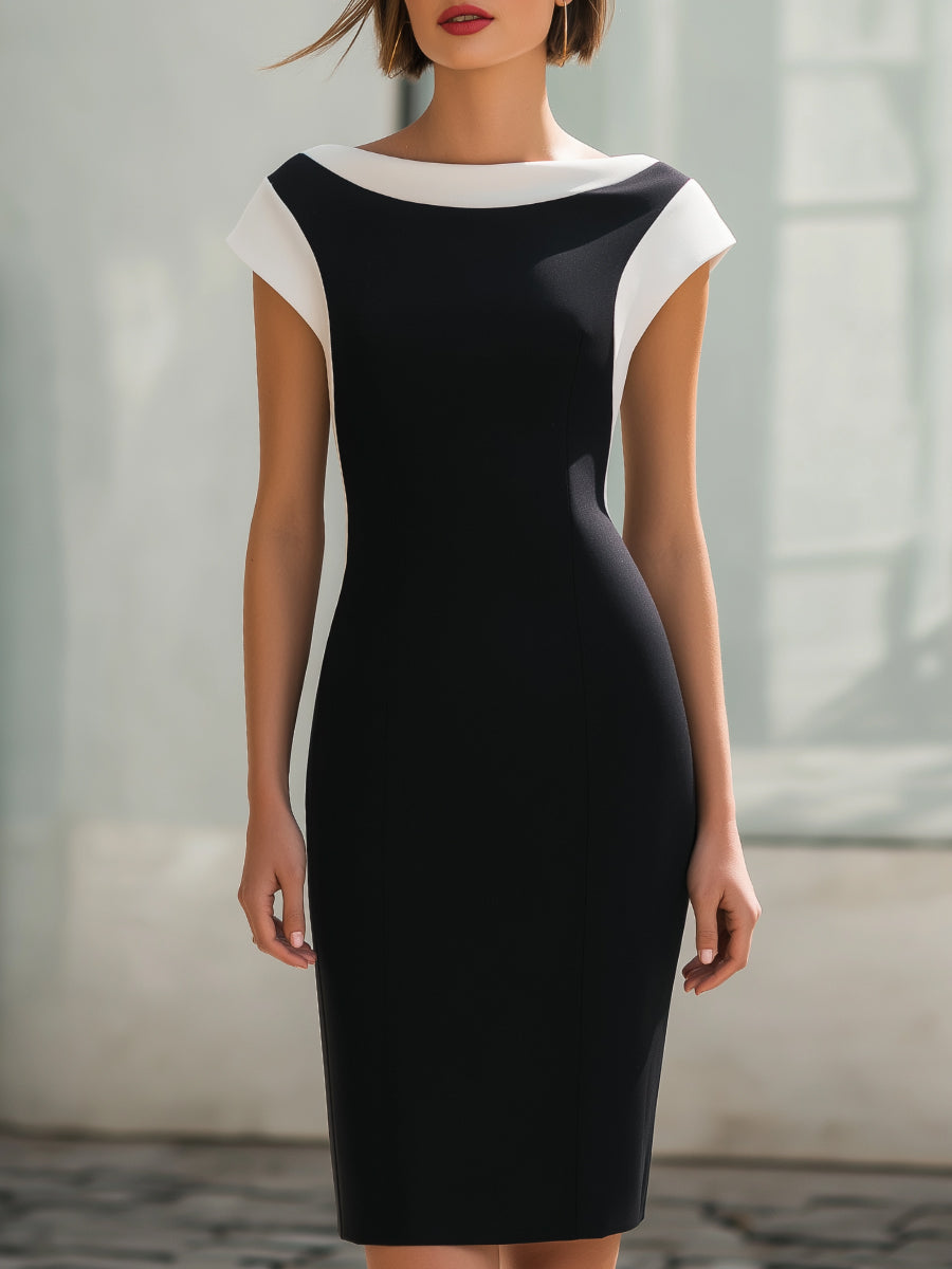 Contrast Panel Boat Neck Sculpted Midi Dress