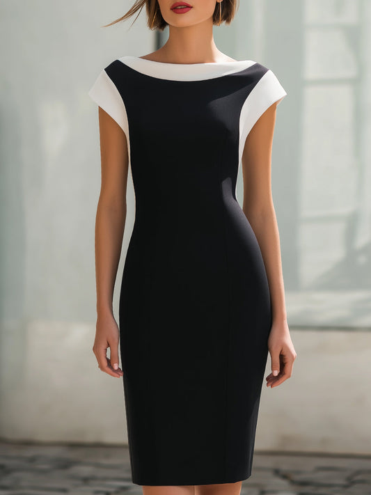 Contrast Panel Boat Neck Sculpted Midi Dress