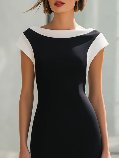 Contrast Panel Boat Neck Sculpted Midi Dress