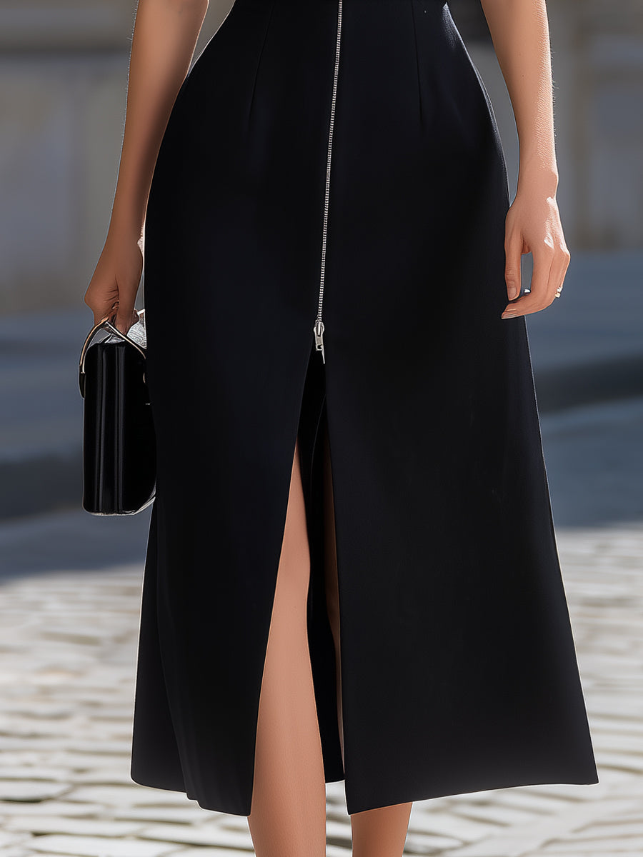 Black Square Neck Sleeveless Belted Zip-Up Midi Dress With Front Slit
