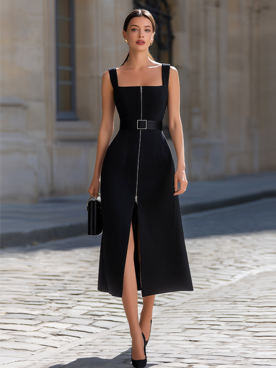 Black Square Neck Sleeveless Belted Zip-Up Midi Dress With Front Slit
