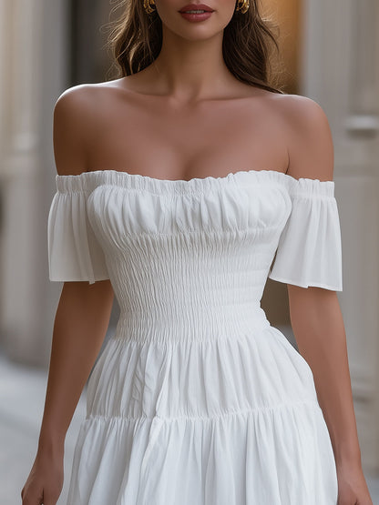 Off The Shoulder Smocked Waist Ruffle Sleeve Tiered Mini Dress