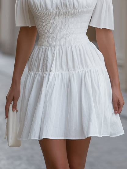 Off The Shoulder Smocked Waist Ruffle Sleeve Tiered Mini Dress