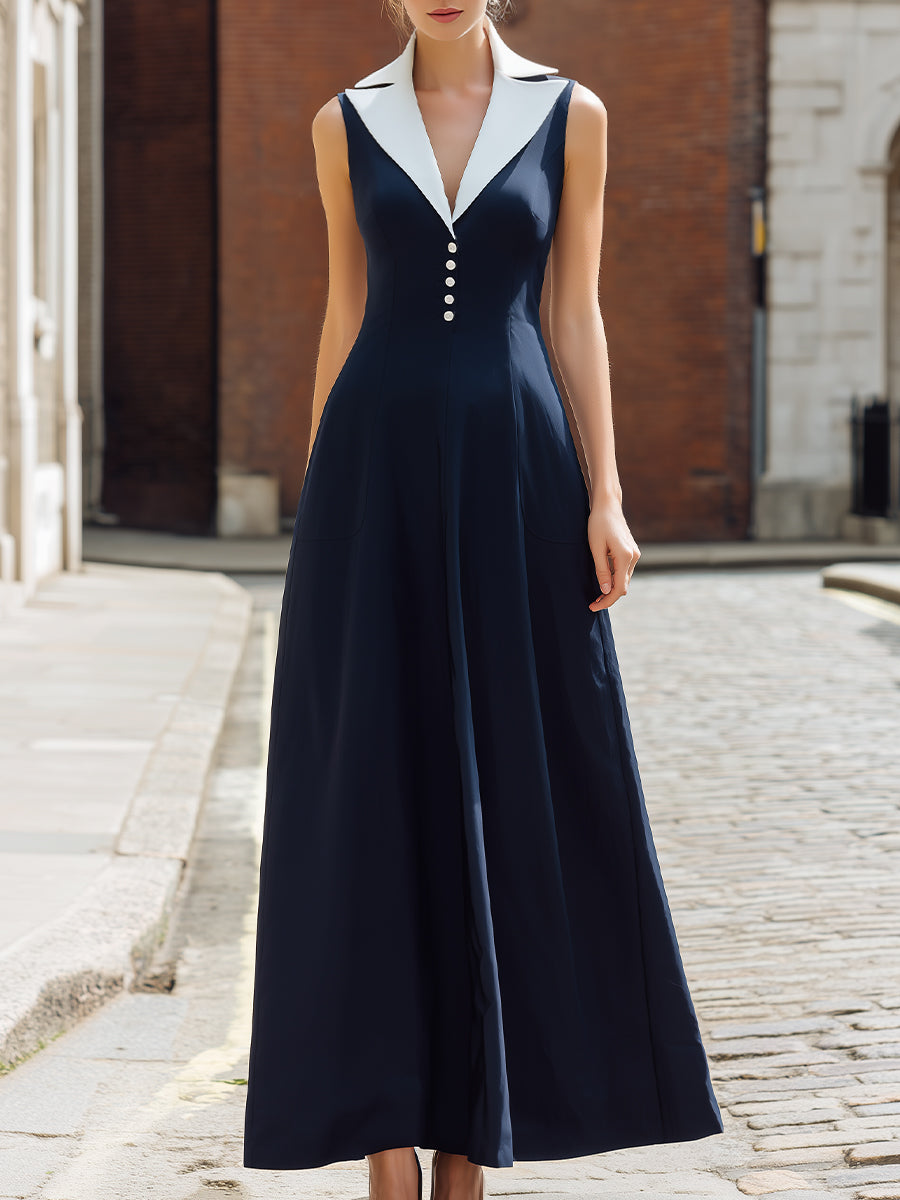 Sleeveless Lapel Collar Button-Front A-Line Maxi Dress
