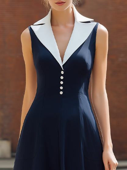 Sleeveless Lapel Collar Button-Front A-Line Maxi Dress