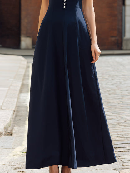 Sleeveless Lapel Collar Button-Front A-Line Maxi Dress