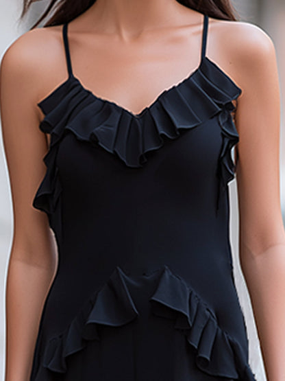 Ruffled Trim Spaghetti Strap Sheer Overlay Maxi Dress