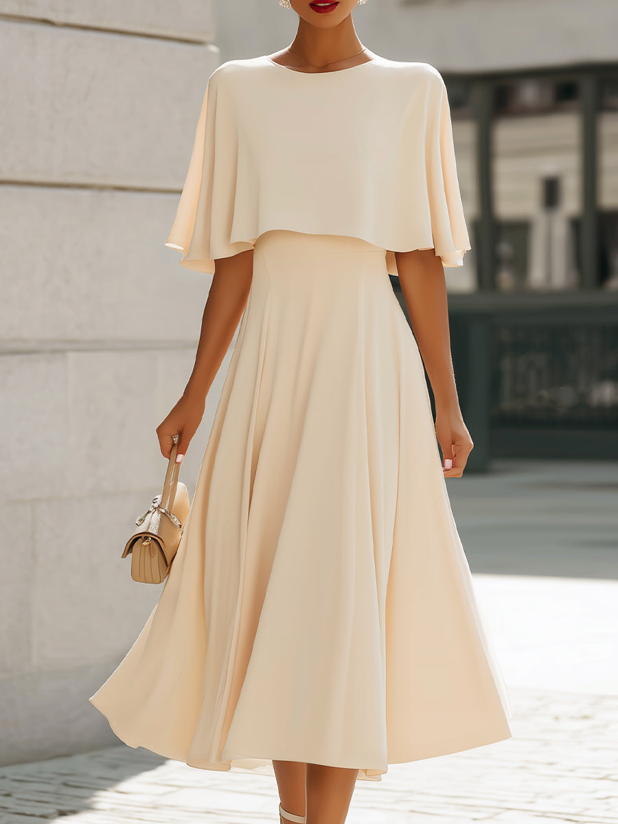 Cape Sleeve Layered Elegant Midi Dress