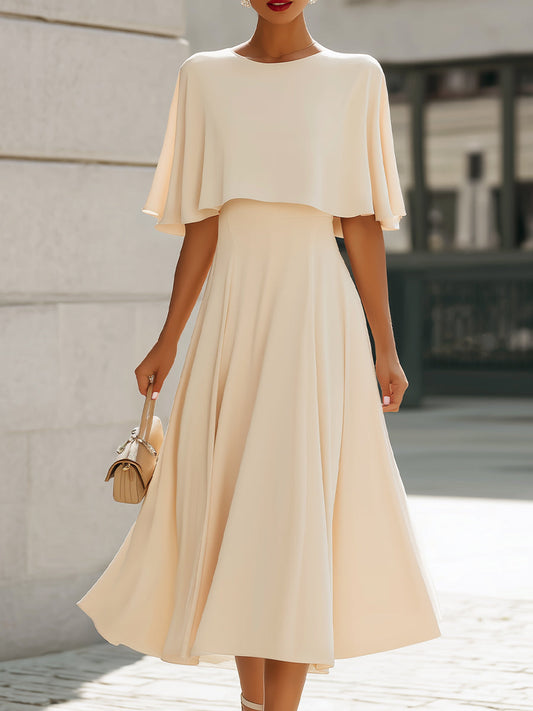 Cape Sleeve Layered Elegant Midi Dress