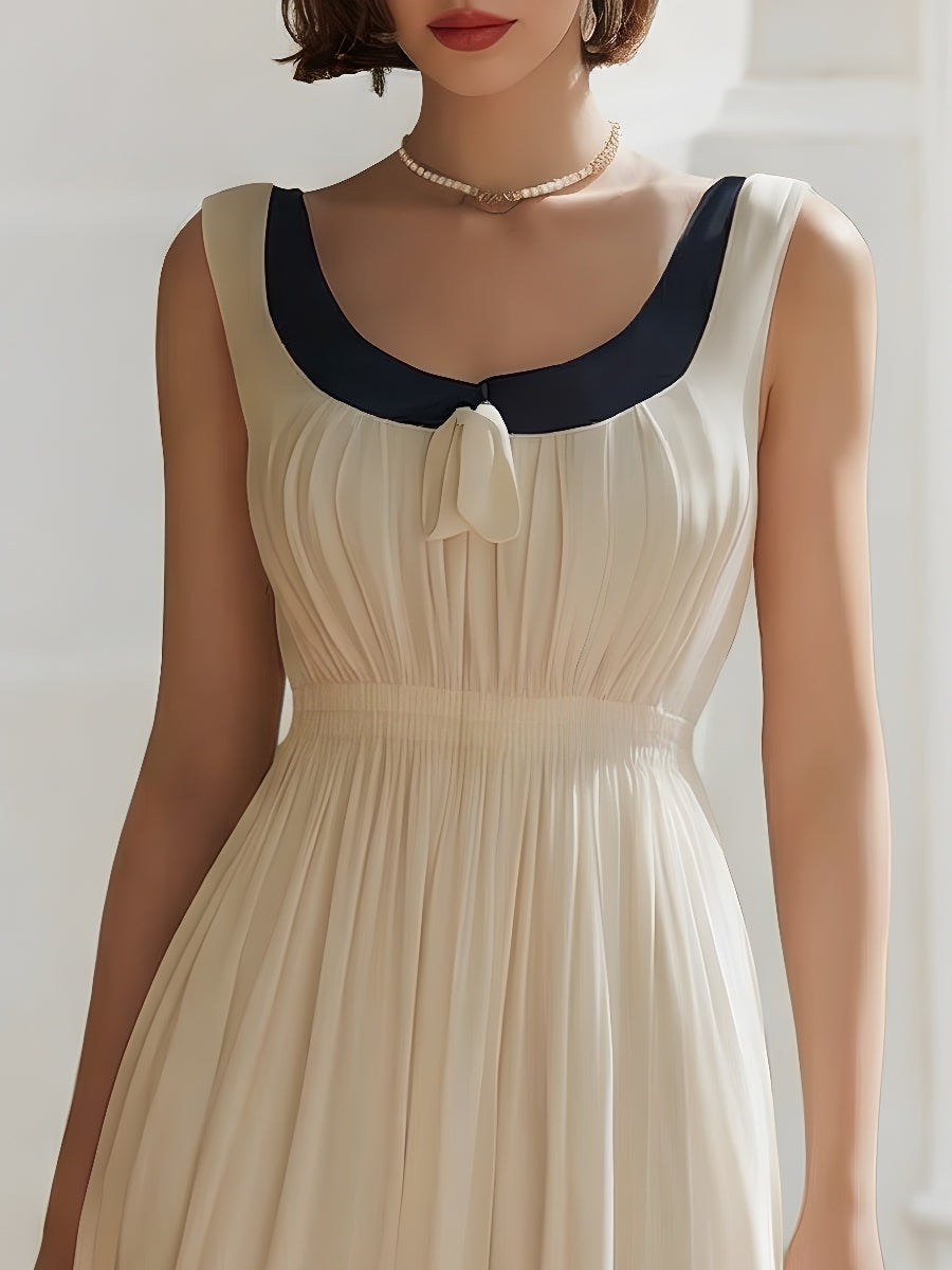 Contrast Trim Pleated Bodice Elegant Midi Dress