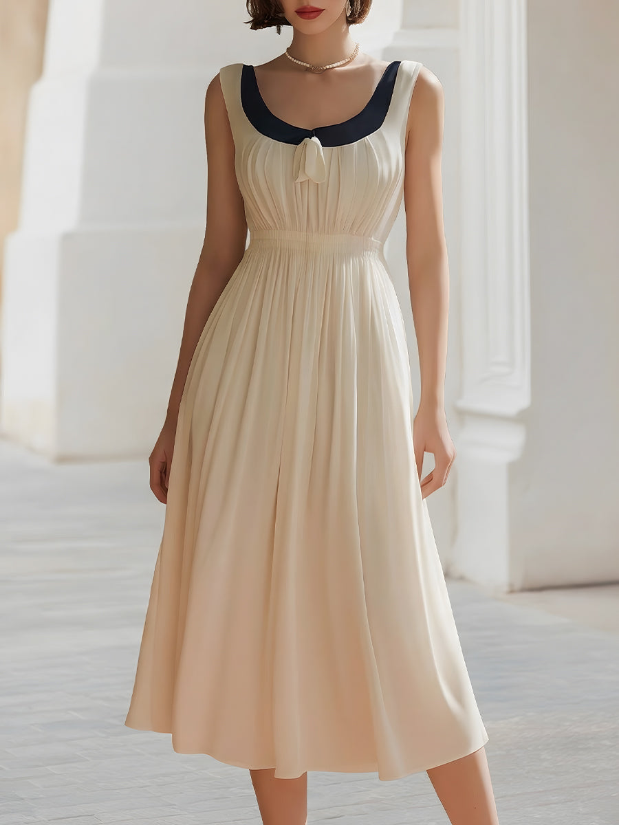 Contrast Trim Pleated Bodice Elegant Midi Dress