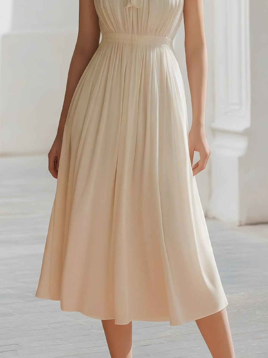 Contrast Trim Pleated Bodice Elegant Midi Dress