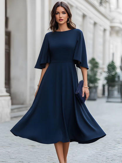 Elegant Cape Sleeve Flared A-Line Midi Dress
