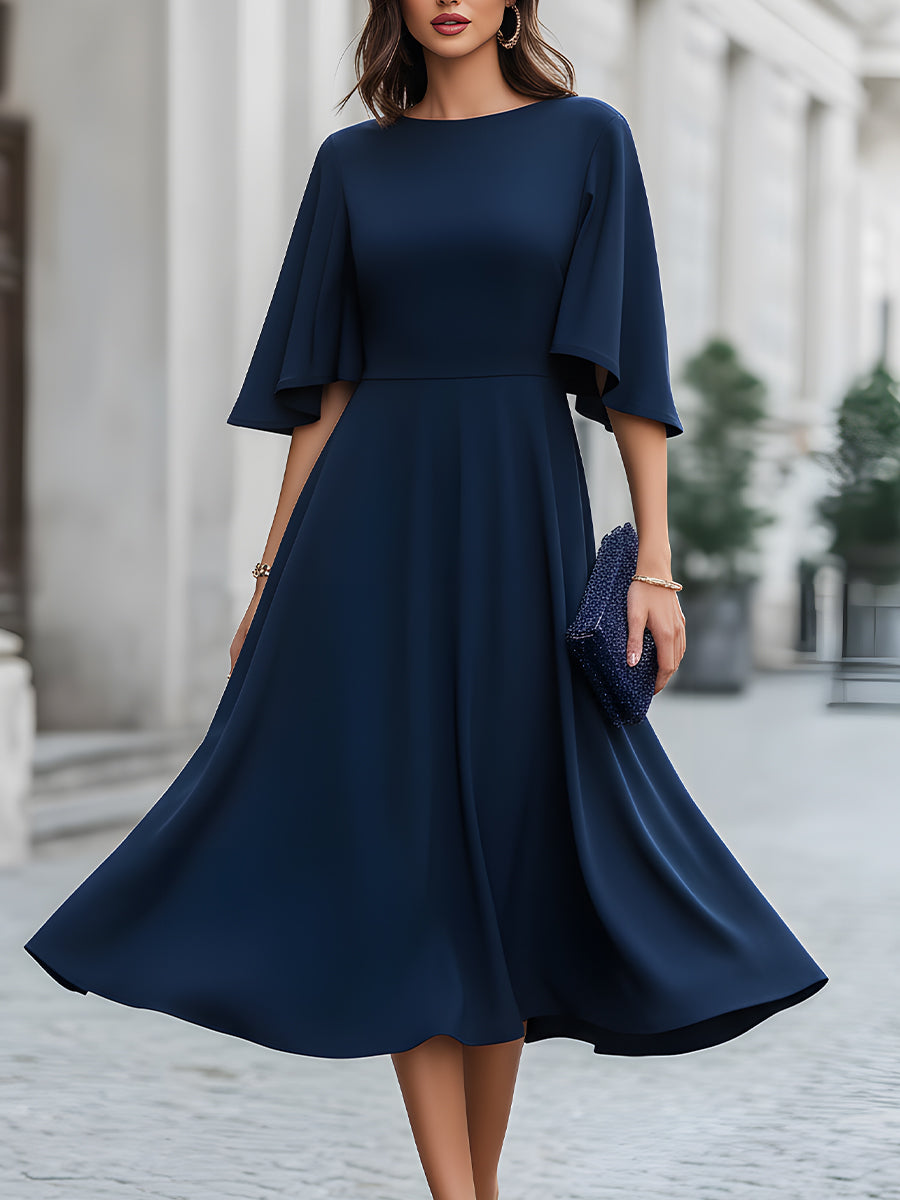 Elegant Cape Sleeve Flared A-Line Midi Dress