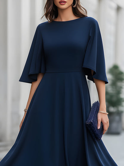 Elegant Cape Sleeve Flared A-Line Midi Dress