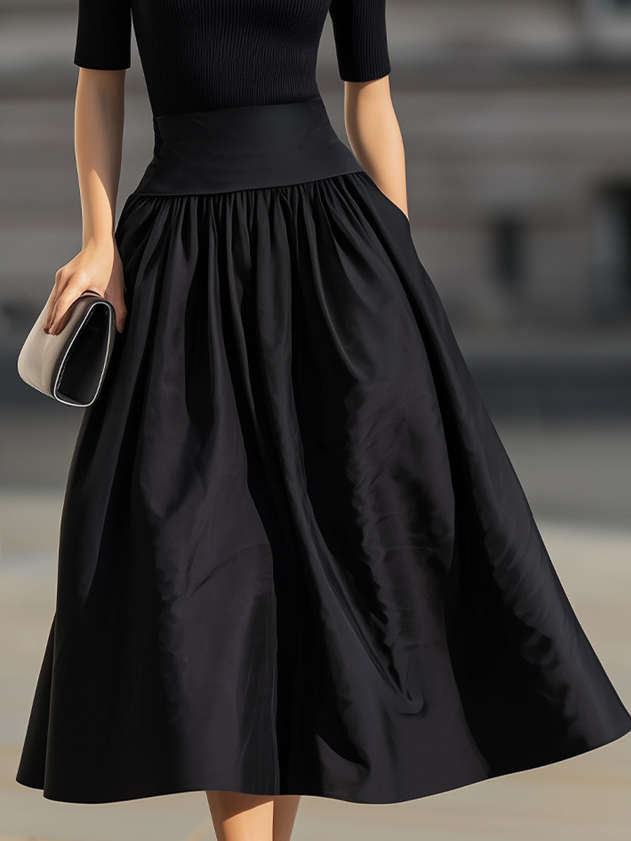 Black Mock Neck  Knit Contrast Waist Flared Midi Dress