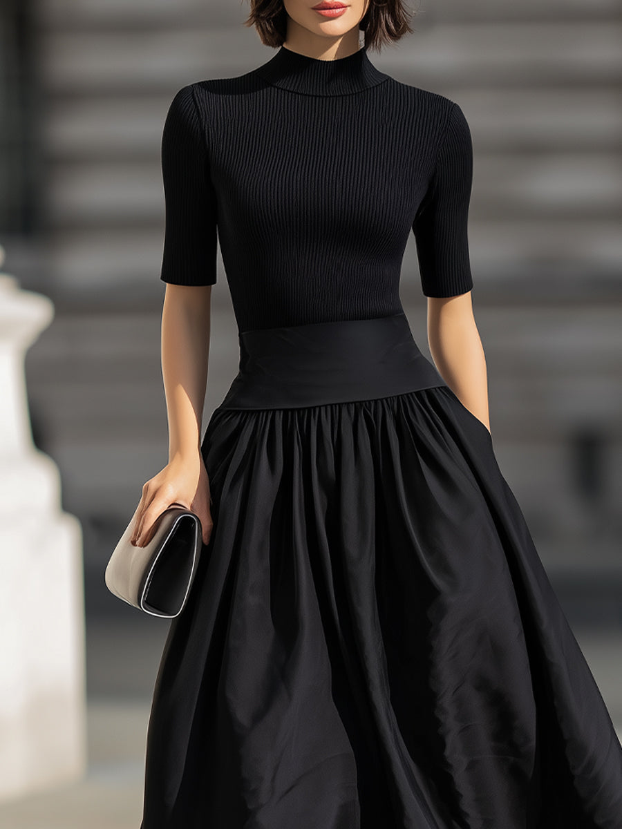 Black Mock Neck  Knit Contrast Waist Flared Midi Dress
