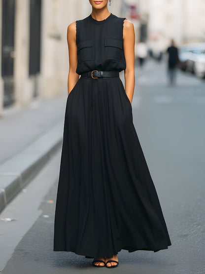 Sleeveless Utility Pocket Belted Maxi Dress