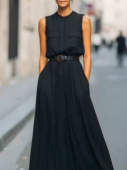 Sleeveless Utility Pocket Belted Maxi Dress