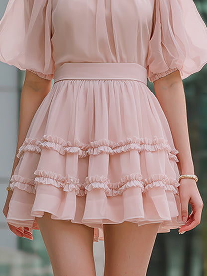 High Neck Puff Sleeve Tiered Ruffle Mini Dress