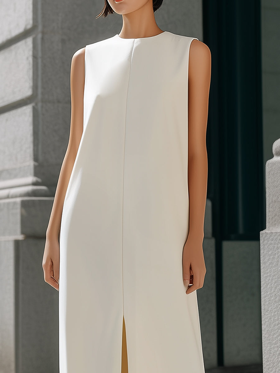 Sleeveless Round Neck Front Seam Slit Midi Shift Dress