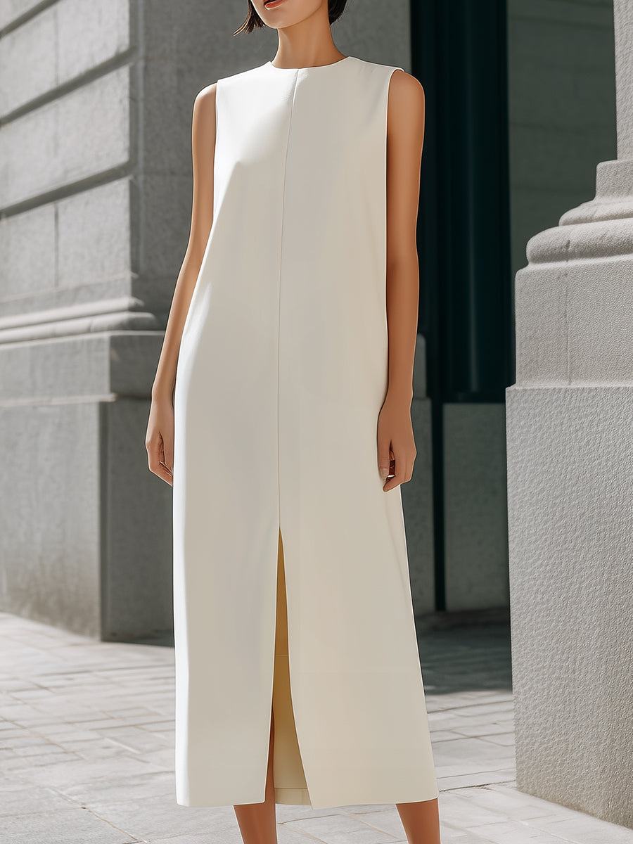 Sleeveless Round Neck Front Seam Slit Midi Shift Dress