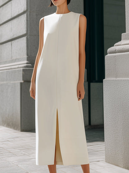 Sleeveless Round Neck Front Seam Slit Midi Shift Dress