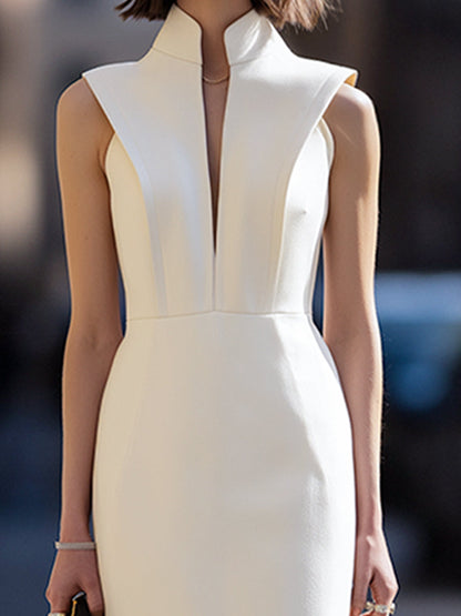 Structured High-Neck Sculpted Column Midi Dress