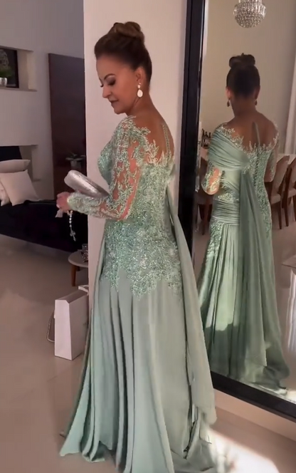 A-Line Long Sleeves Lace Corset Mother of the Bride Dress