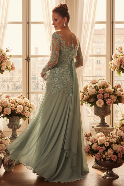 A-Line Long Sleeves Lace Corset Mother of the Bride Dress