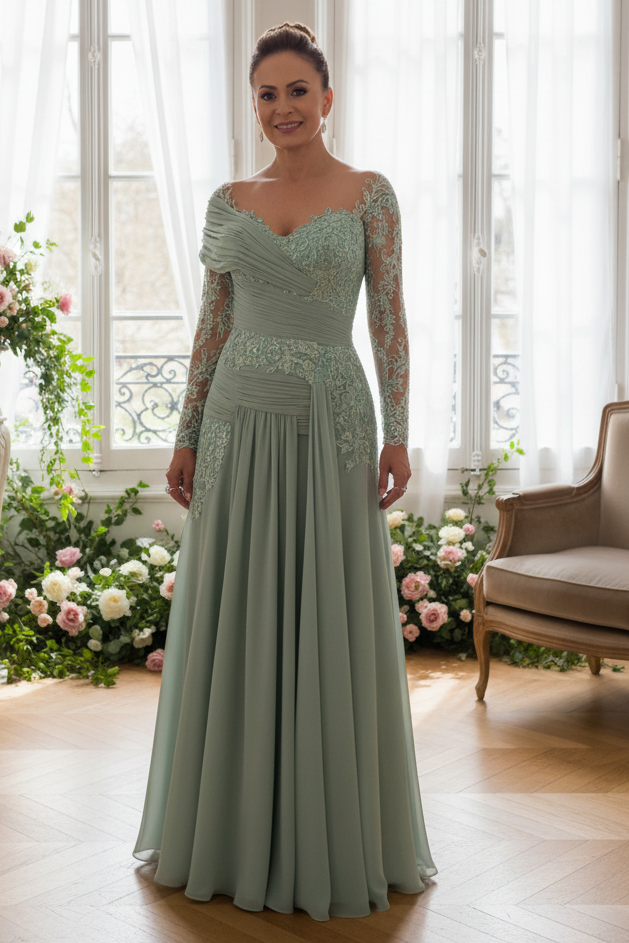 A-Line Long Sleeves Lace Corset Mother of the Bride Dress