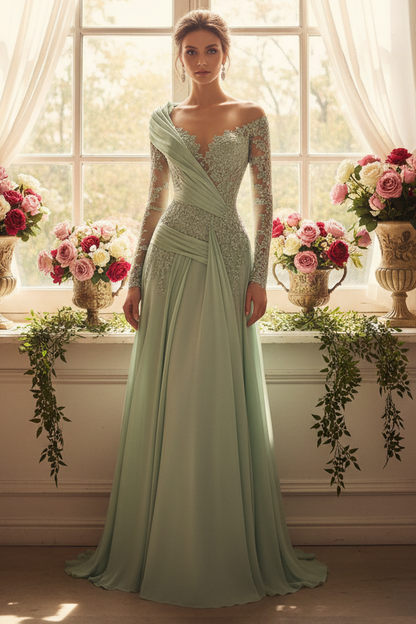 A-Line Long Sleeves Lace Corset Mother of the Bride Dress
