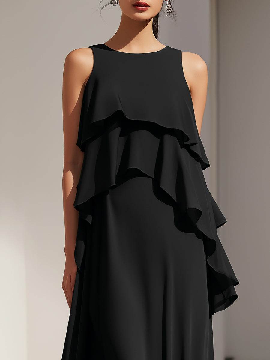 Sleeveless Layered Ruffle Flowing Maxi Dress