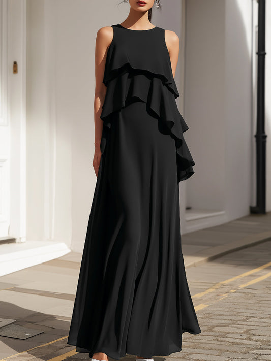 Sleeveless Layered Ruffle Flowing Maxi Dress