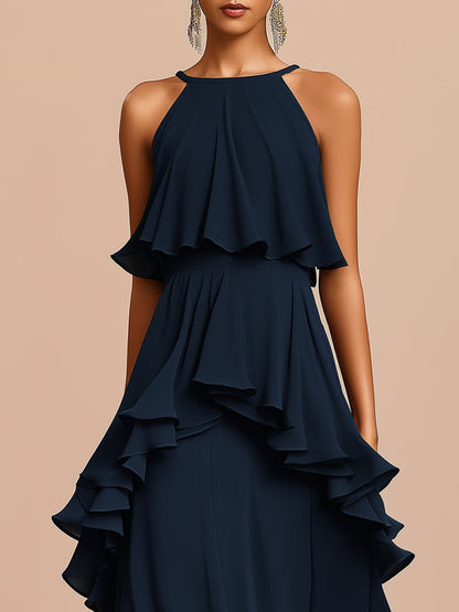 Halter Neck Asymmetric Layered Ruffle Maxi Dress