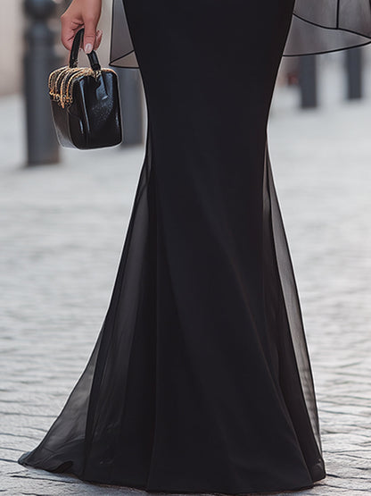 Sheer Cape Sleeve Fishtail Maxi Evening Dress