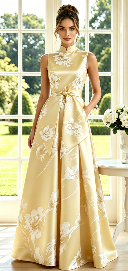 High-Neck Floral A-Line Maxi Dress with Pockets